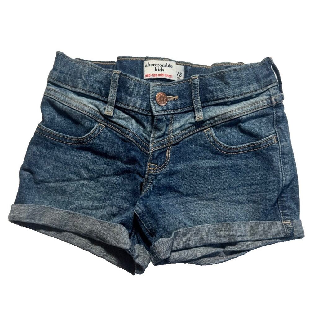 Abercrombie Kids Girls Mid Rise Midi Denim Shorts Blue Cuffed Stretch Size 7/8